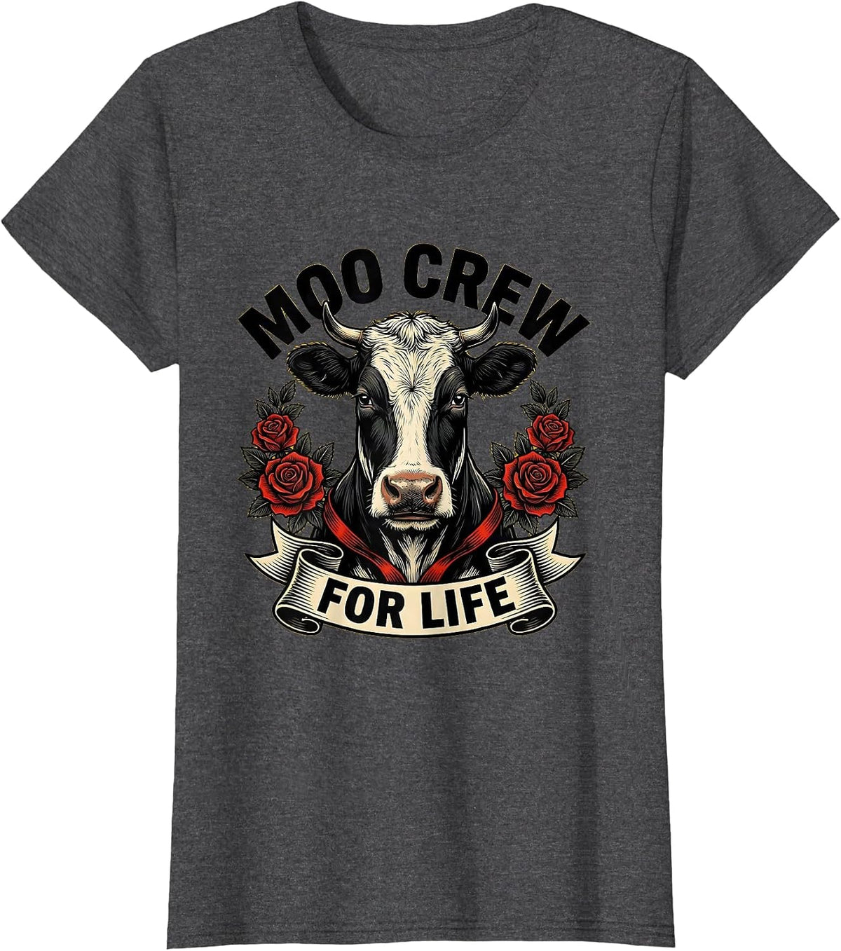 Women's Moo Crew For Life Funny Cow Lover Design T-Shirt - Dark Heather Grey