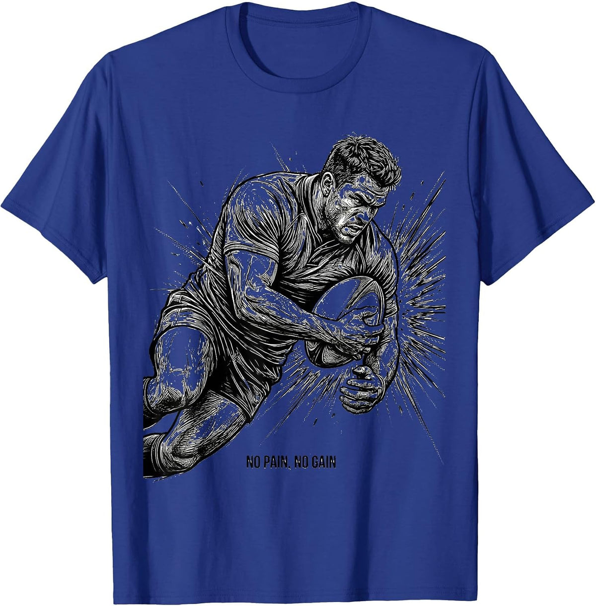 No Pain No Gain Rugby Graphic Design T-Shirt - Royal Blue