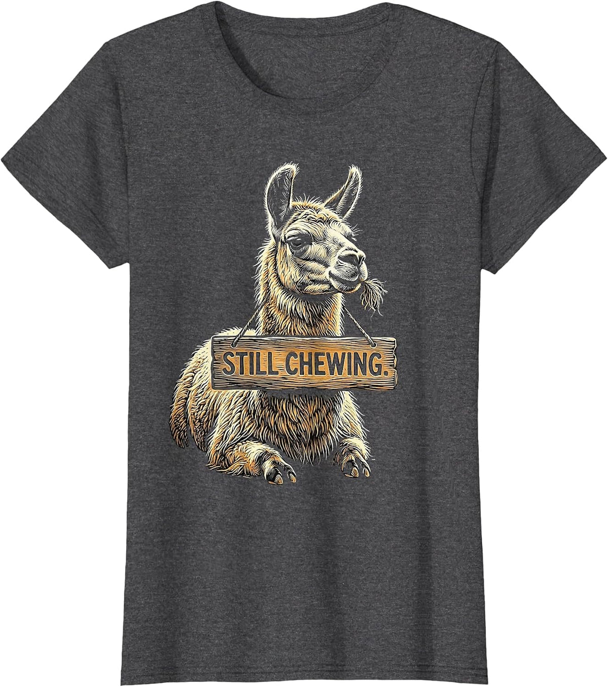 Women's Still Chewing Funny Llama Alpaca Pun Humor T-Shirt - Dark Heather Grey