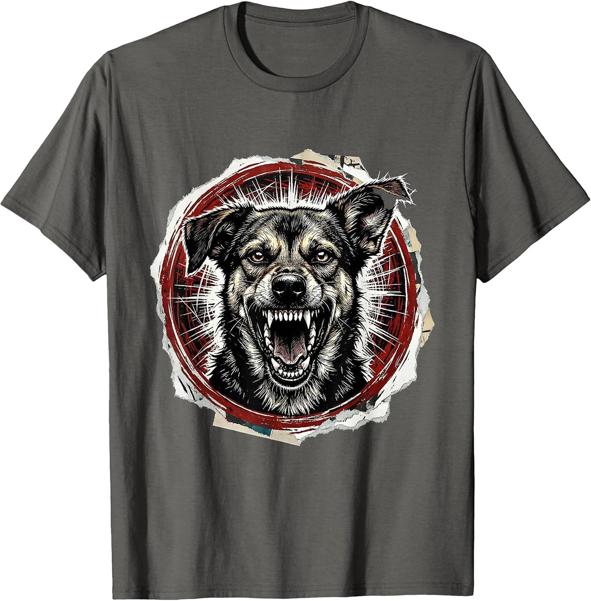 Feral Stray Dog Snarling Torn Ear Wild Art T-Shirt - Asphalt Grey