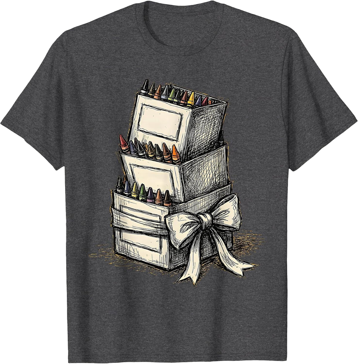 Third Grade Teacher Crayon Box Stack Gift T-Shirt - Dark Heather Grey