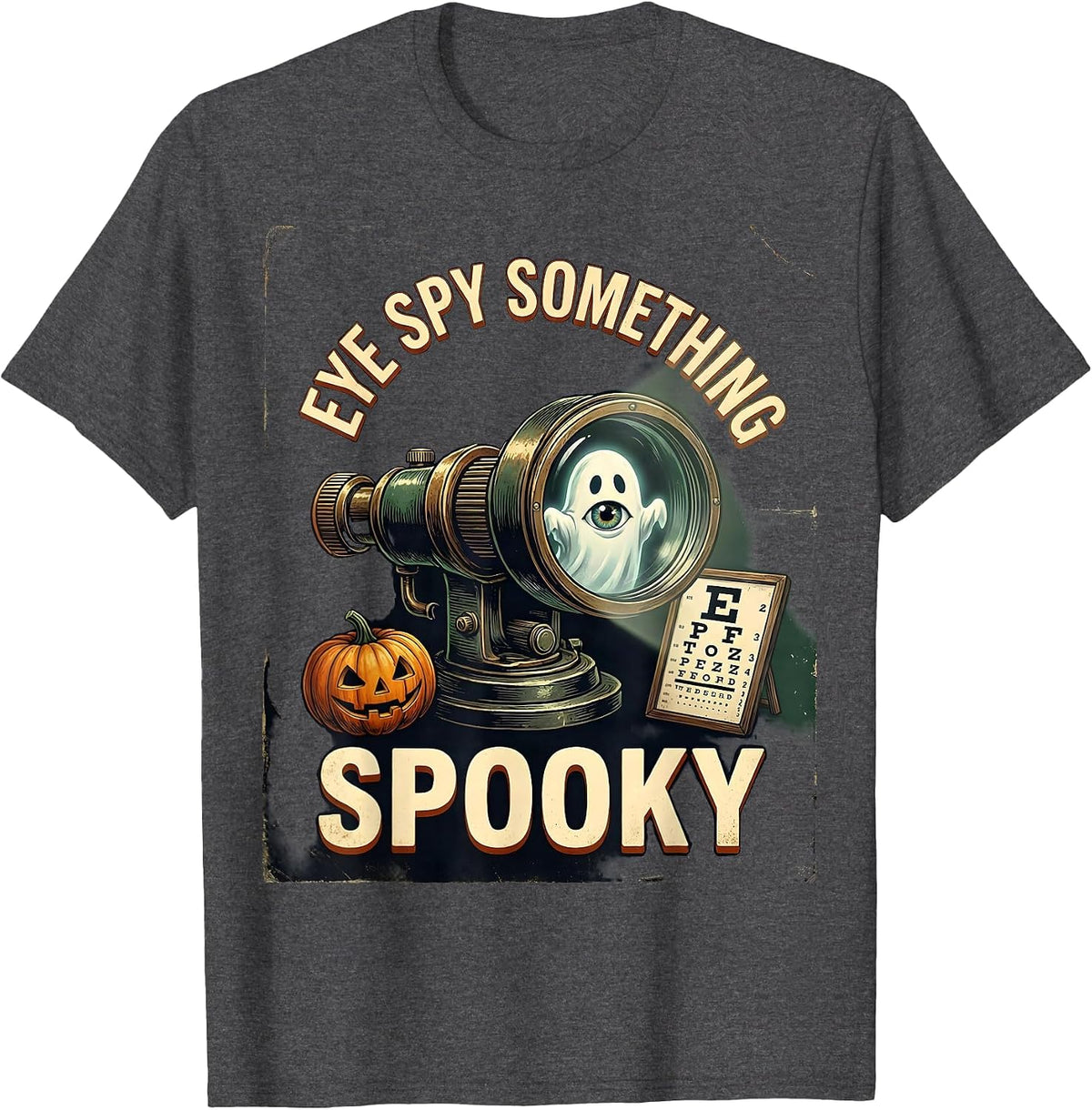 Men's Eye Spy Something Spooky Vintage Halloween Optometrist Eye T-Shirt - Dark Heather Grey