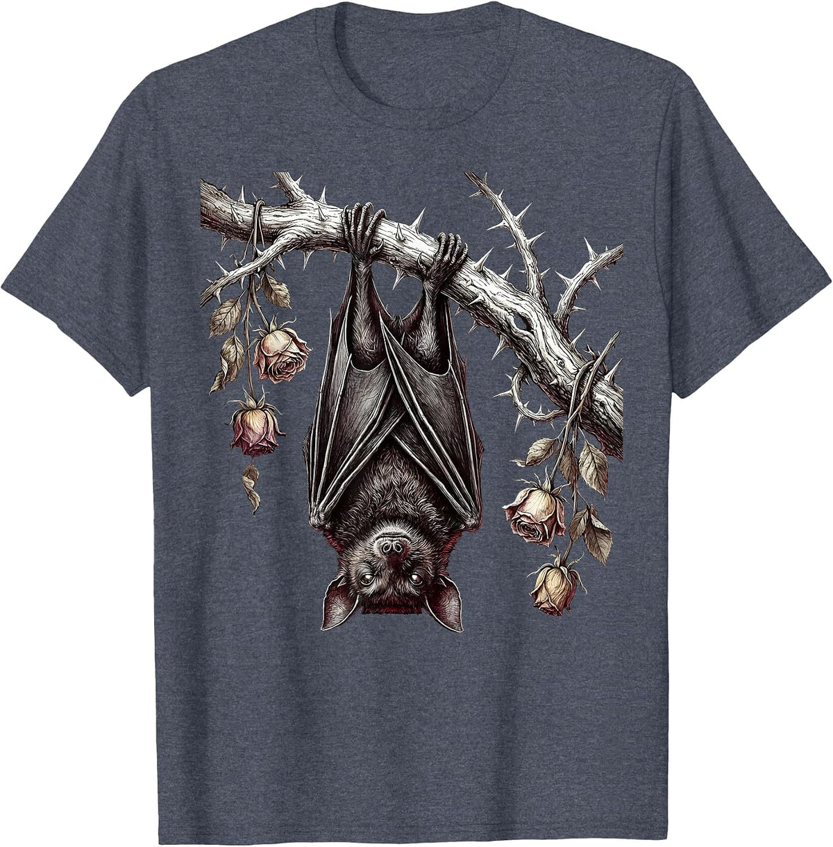 Emo Bat on Thorn Branch Gothic Illustration T-Shirt - Heather Blue