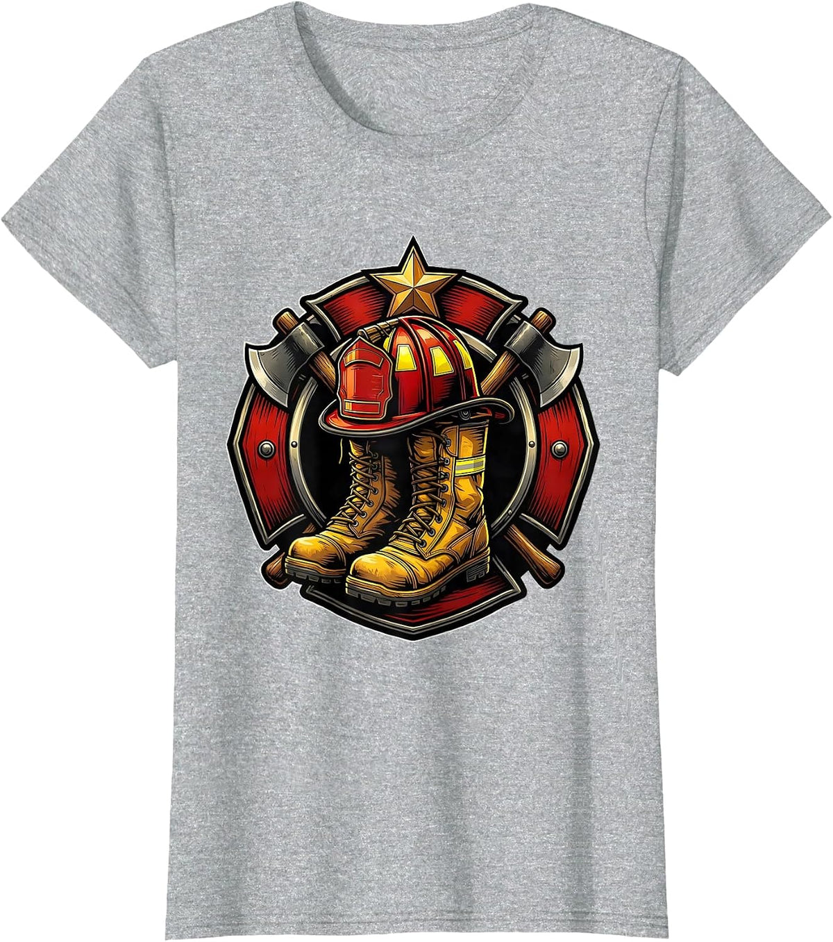 Firefighter Helmet and Boots Memorial Tribute Graphic T-Shirt - Heather Grey