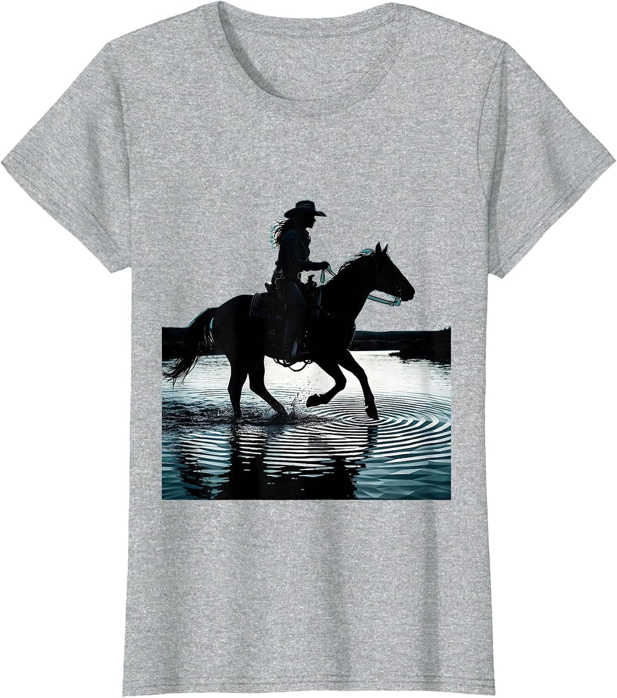 White Cowgirl on Horseback Crossing River T-Shirt - Heather Grey