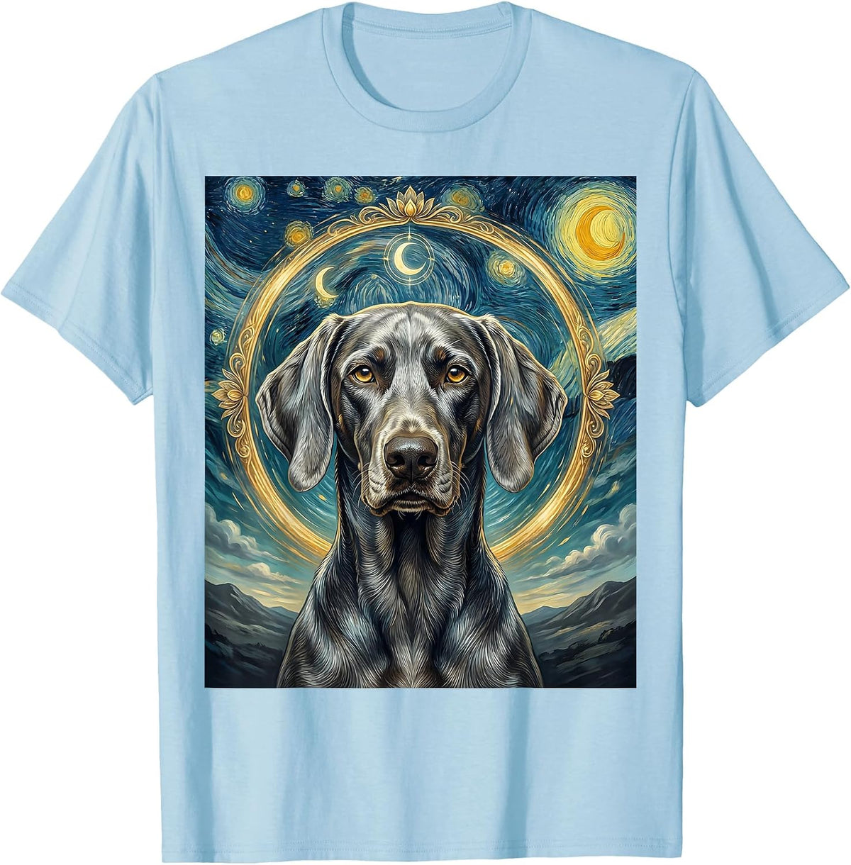 Sleek Weimaraner Van Gogh Starry Night Art Portrait T-Shirt - Baby Blue