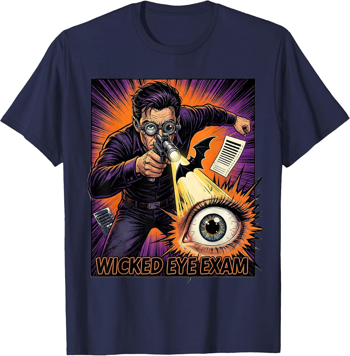 Men's Wicked Eye Exam Comic Book Optometrist Halloween Humor T-Shirt - Navy Blue