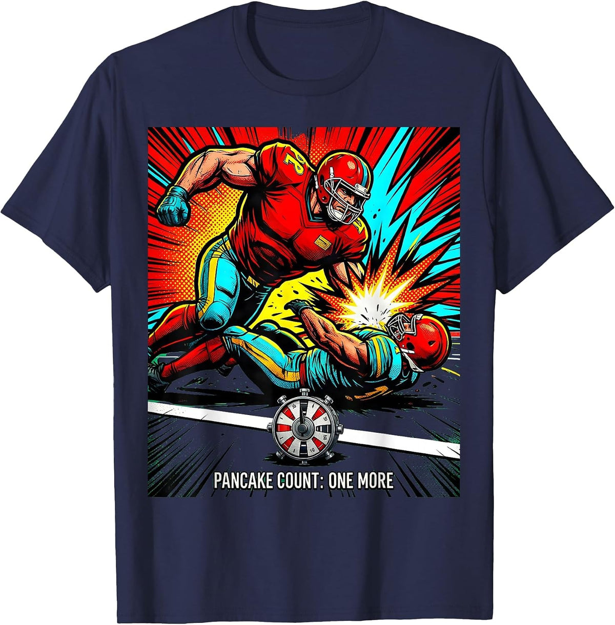 Pancake Count: One More Pop Art Football Lineman Fan Humor T-Shirt - Navy Blue