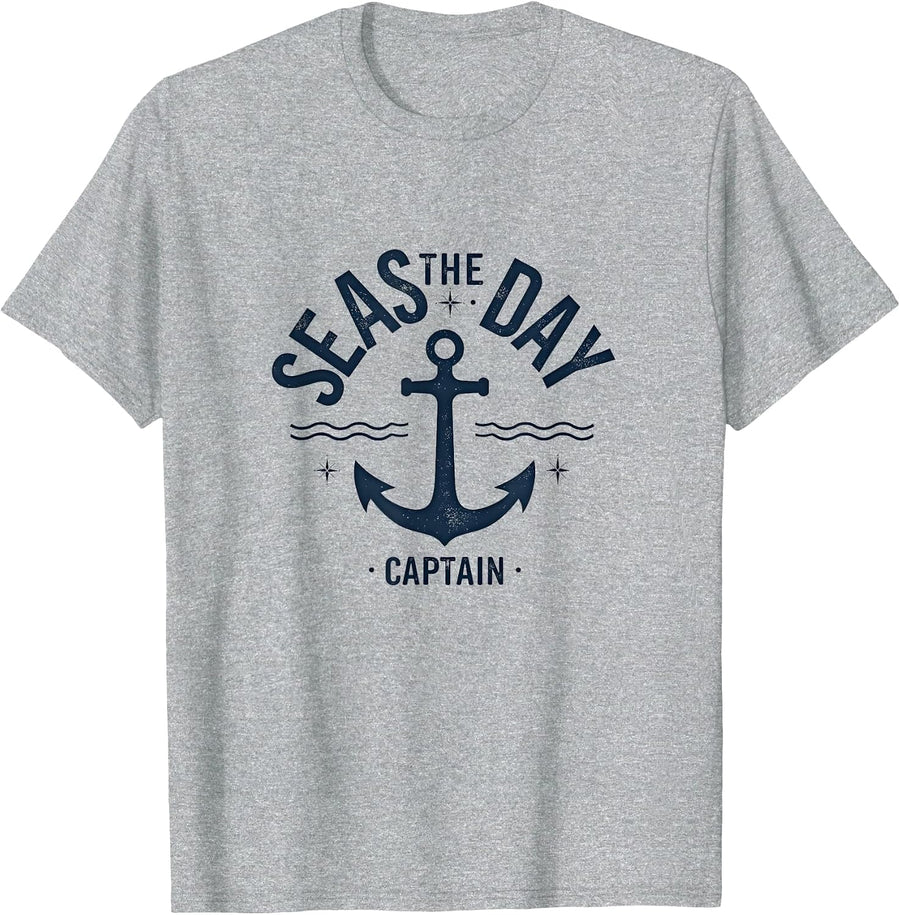 Seas the Day Captain Nautical Boat Design T-Shirt - Heather Grey
