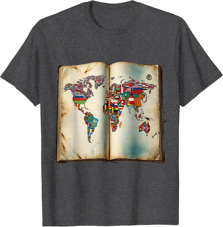 Men's World Flags Map Geography Enthusiast Distressed Travel T-Shirt - Dark Heather Grey
