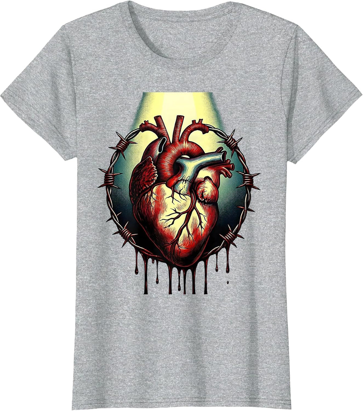 Bloody Dripping Heart Wrapped in Barbed Wire T-Shirt - Heather Grey