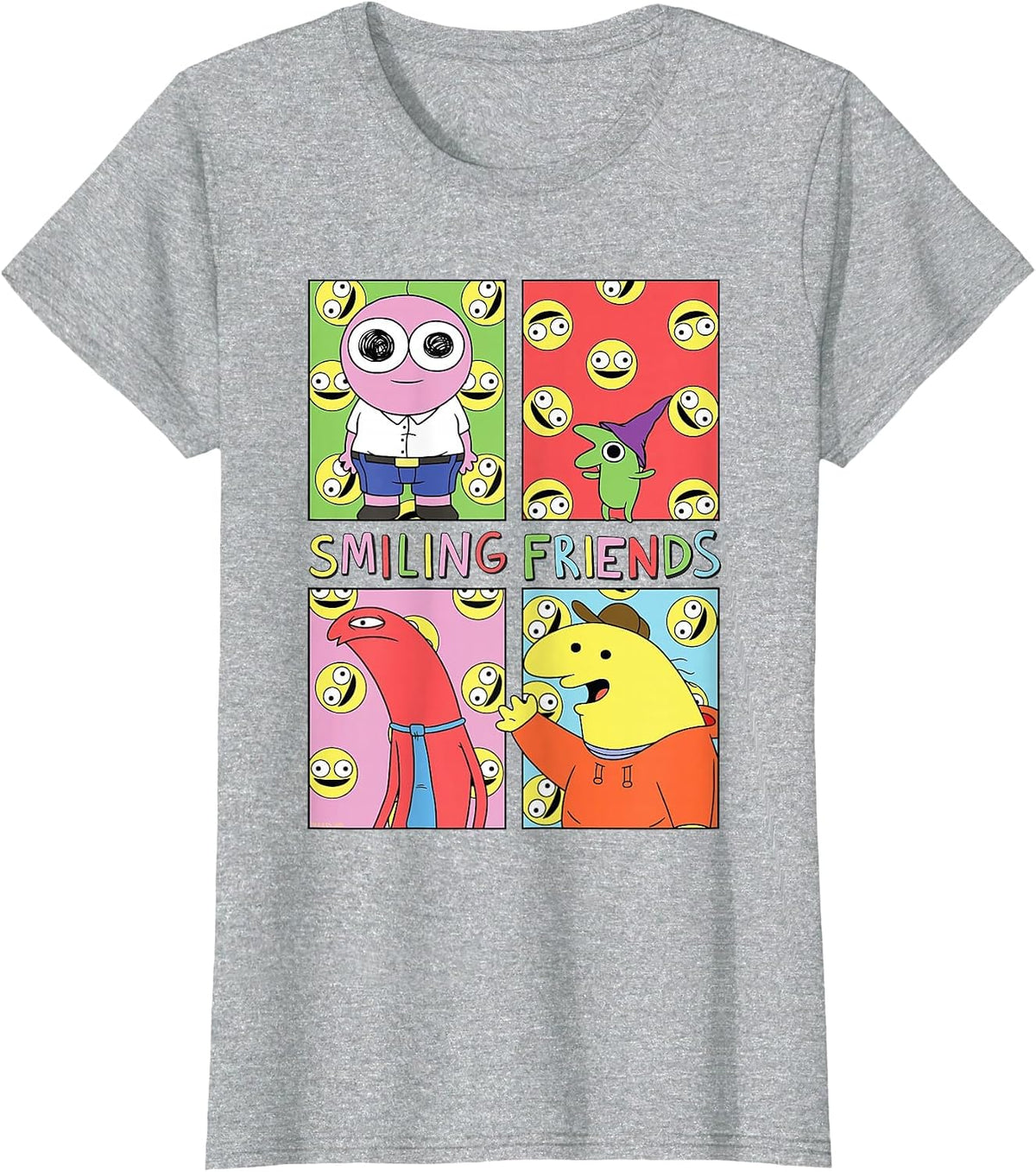 Smiling Friends Pop Art Character Grid Funny Cartoon T-Shirt - Heather Grey