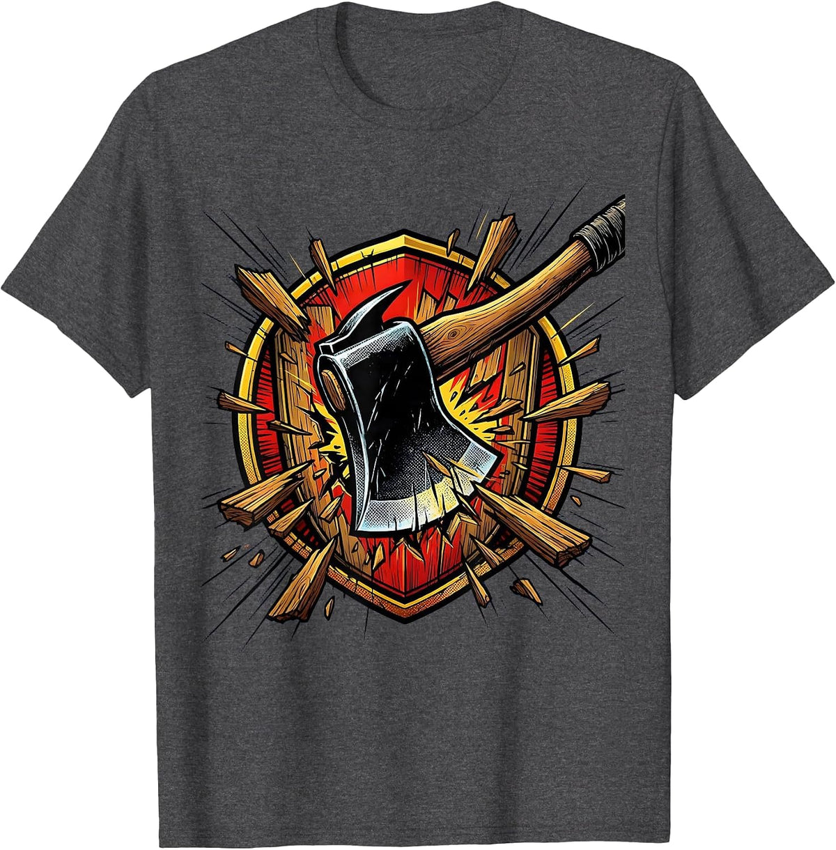 Men's Firefighter Axe Splitting Door Graphic Tee T-Shirt - Dark Heather Grey