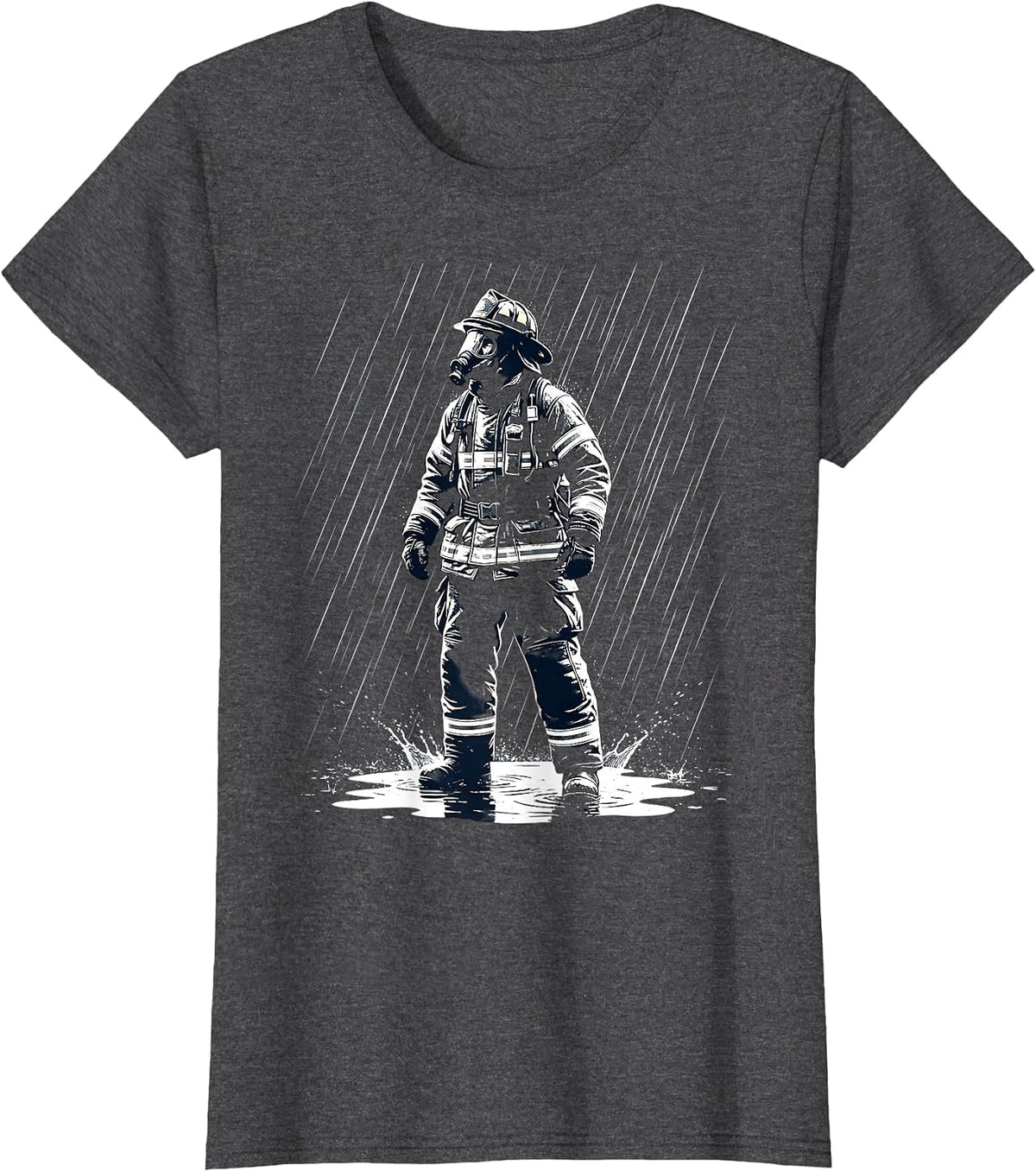 Women's Firefighter in Full Gear Standing in Heavy Rain T-Shirt - Dark Heather Grey
