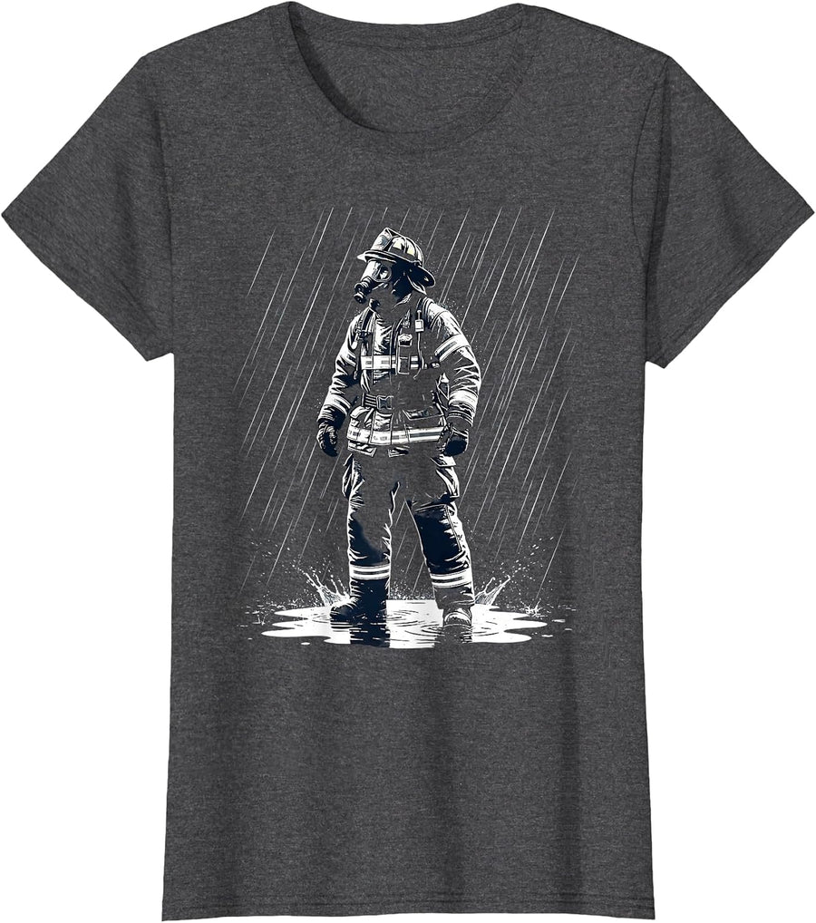 Women's Firefighter in Full Gear Standing in Heavy Rain T-Shirt - Dark Heather Grey