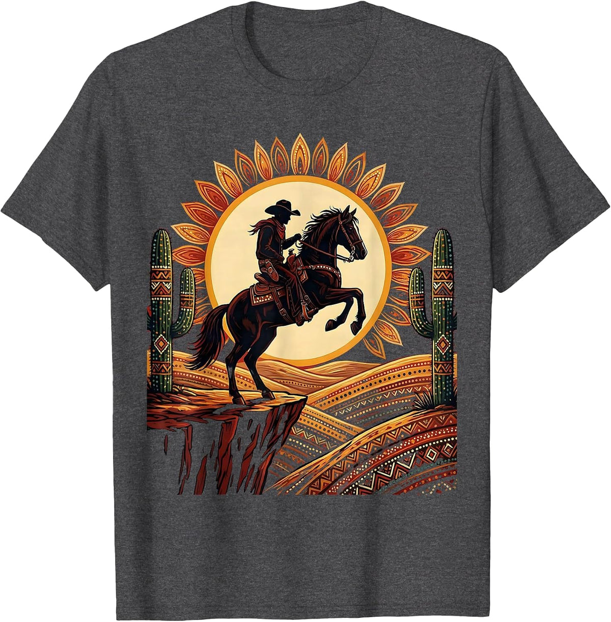 Cowboy Horse Rearing on Cliff Edge Graphic T-Shirt - Dark Heather Grey