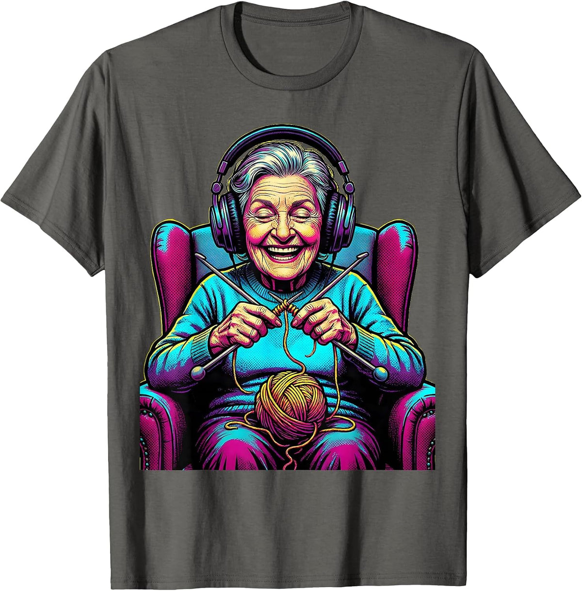 Men's Grandma Knitting With Headphones On Graphic T-Shirt - Asphalt Grey
