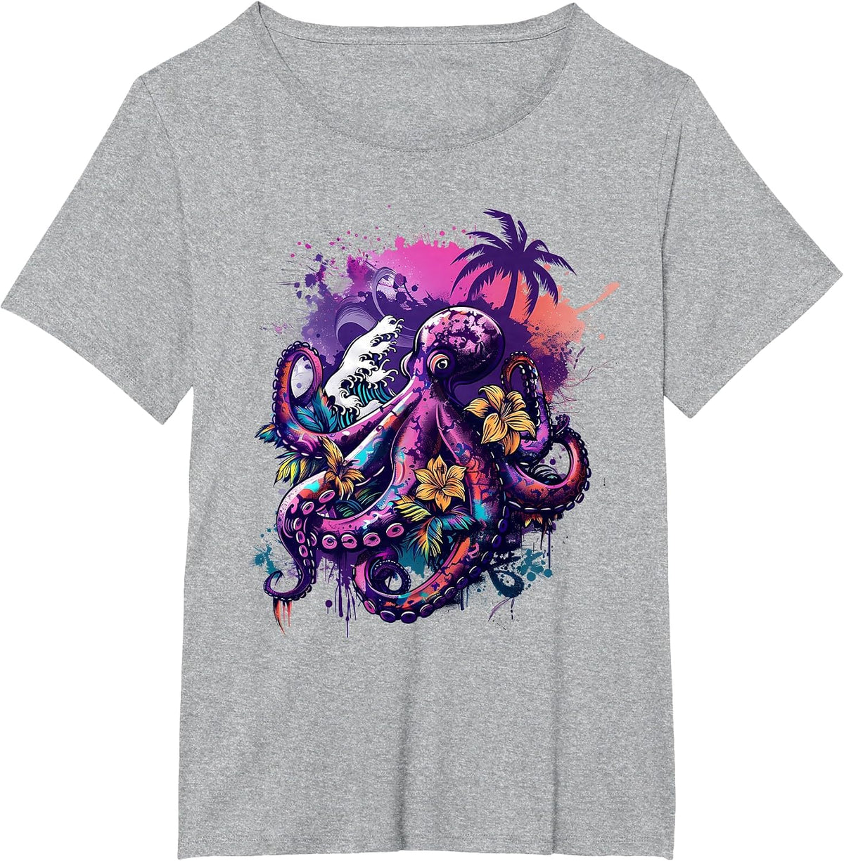 Octopus Sea Creature Artwork Floral Kraken Sea Ocean Octopus T-Shirt - Heather Grey