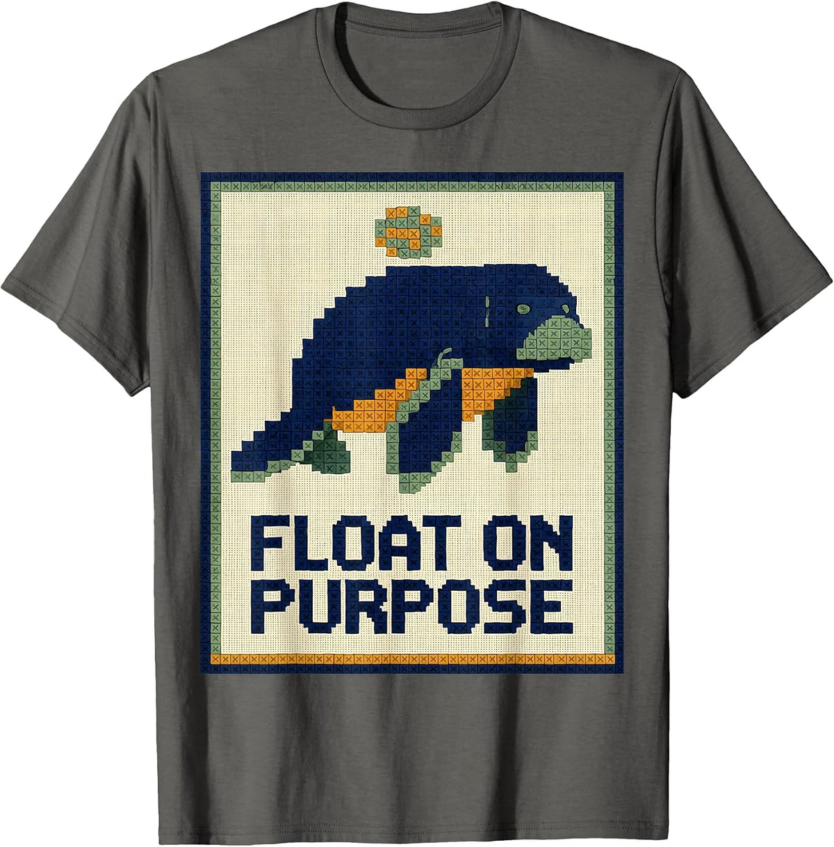 Men's Float On Purpose Manatee Lover Sea Cow Humor Cross Stitch T-Shirt - Asphalt Grey