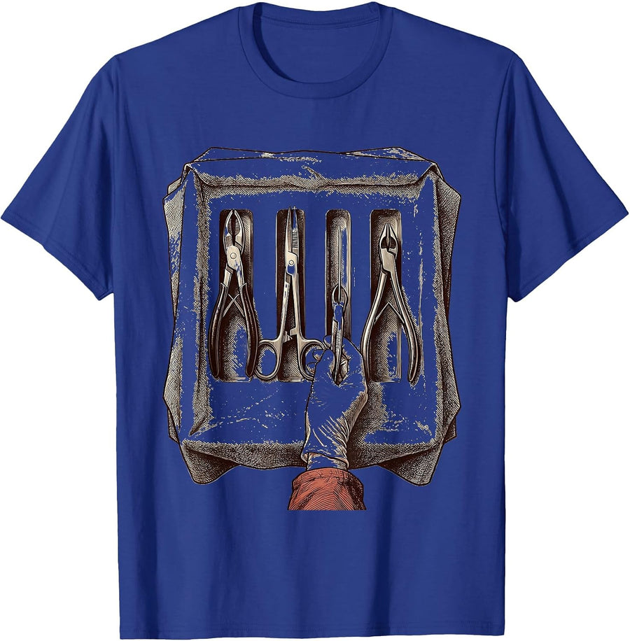 Mayo Stand Crosshatch Etching Surgical Tech Pride T-Shirt - Royal Blue