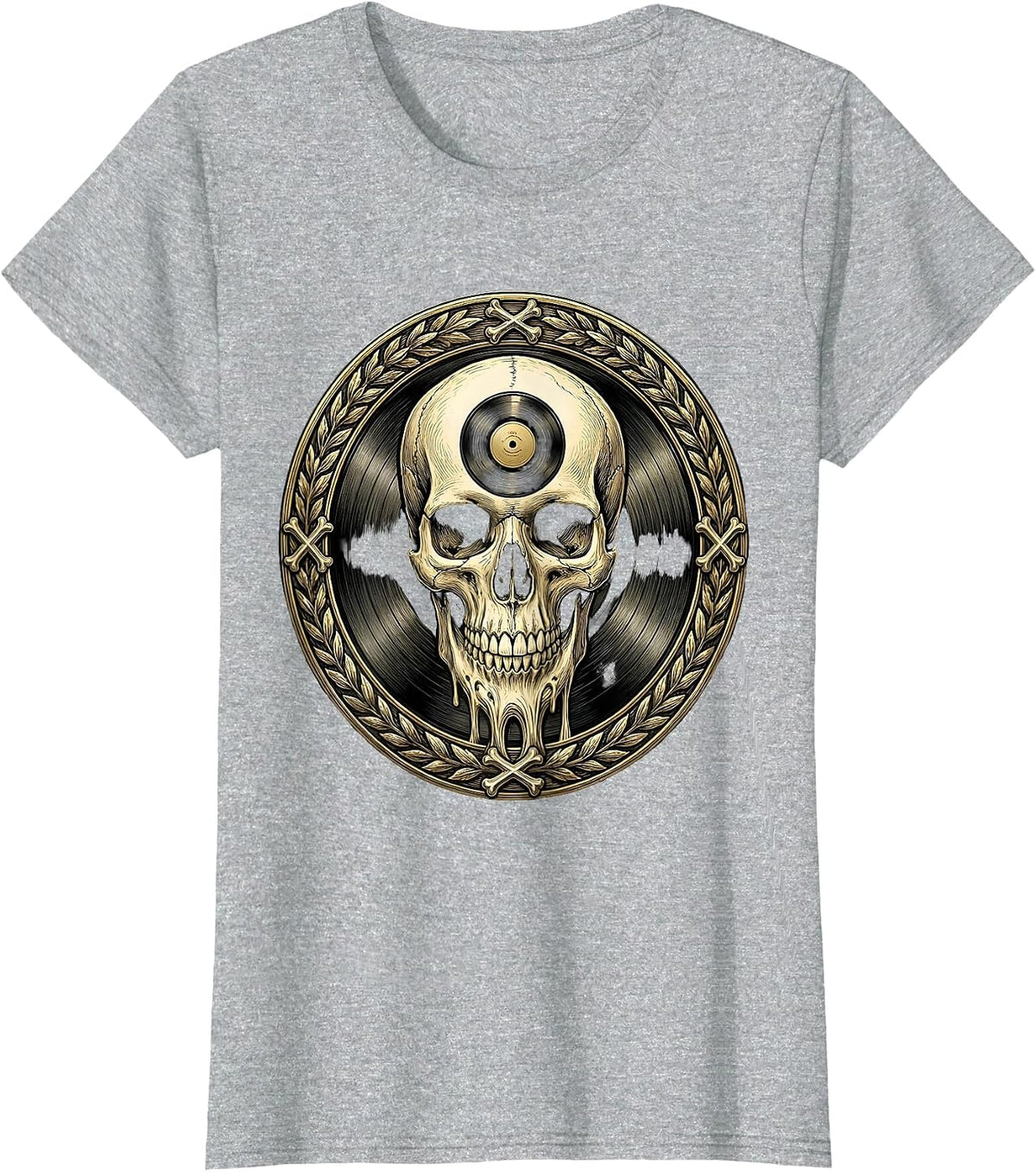 Skull Melting Into Vinyl Record Rock Art T-Shirt - Heather Grey