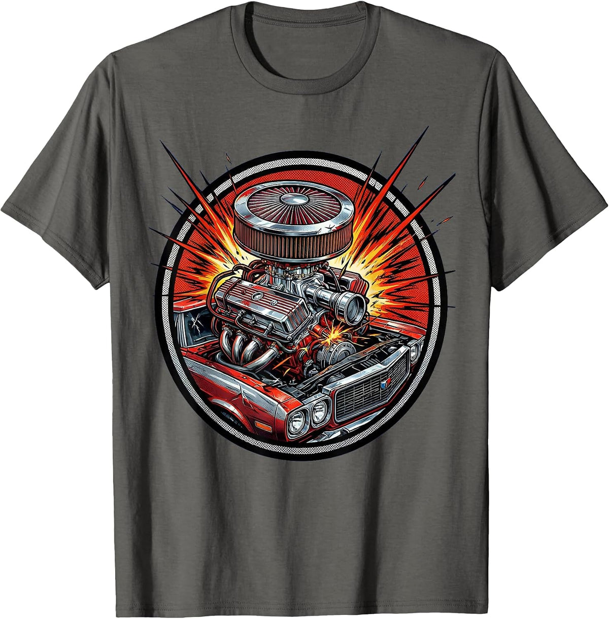 Gen X Muscle Car Engine Bursting Through Hood T-Shirt - Asphalt Grey