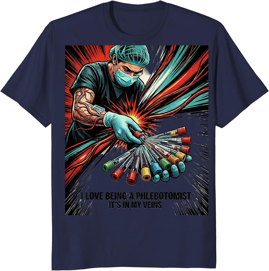 I Love Being A Phlebotomist—It's In My Veins Comic Book T-Shirt - Navy Blue