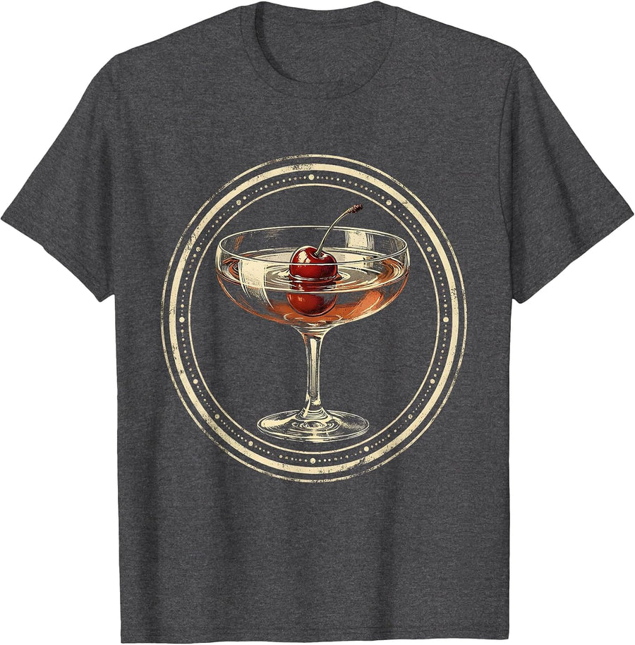 Men's Hand-Poured Cocktail Glass With Floating Cherry T-Shirt - Dark Heather Grey