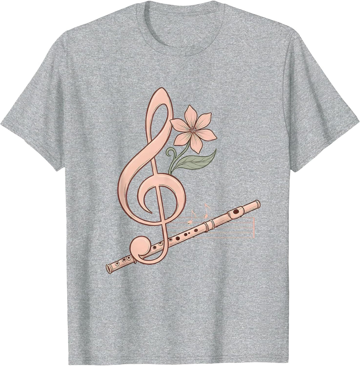 Men's Treble Clef Flower Flute Music Lover Boho Humor T-Shirt - Heather Grey