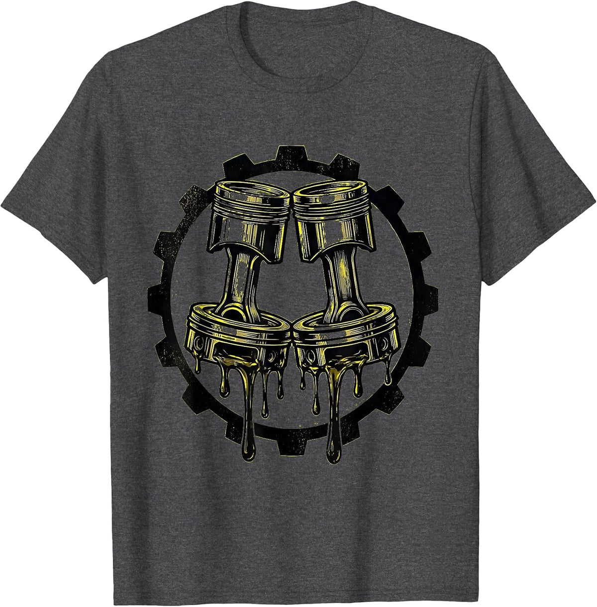 Oil-Dripping Pistons Symmetrical Engine Art T-Shirt - Dark Heather Grey