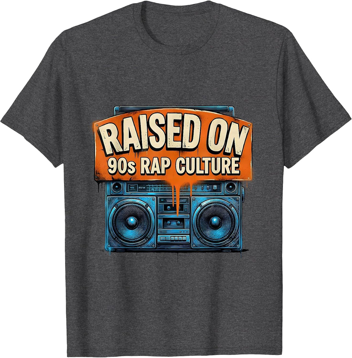 Men's Raised On 90s Rap Culture Graffiti Old School Hip Hop T-Shirt - Dark Heather Grey