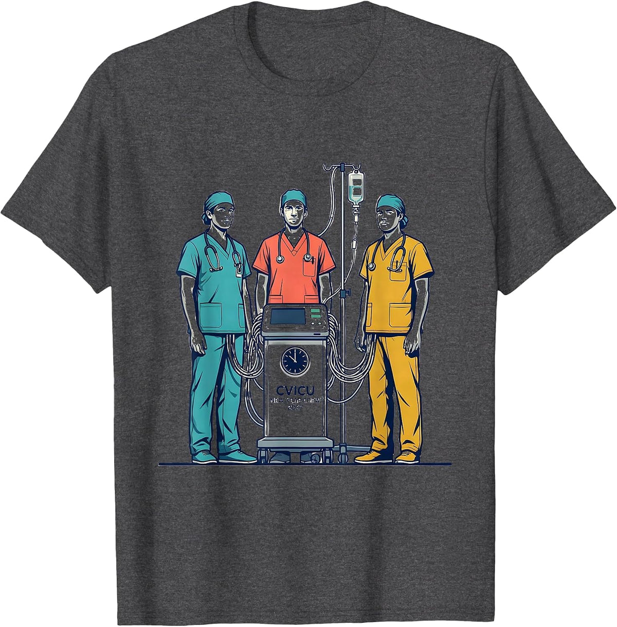 Men's CVICU New Year Crew 2027 Funny ICU Nurse Crew New Year Eve T-Shirt - Dark Heather Grey