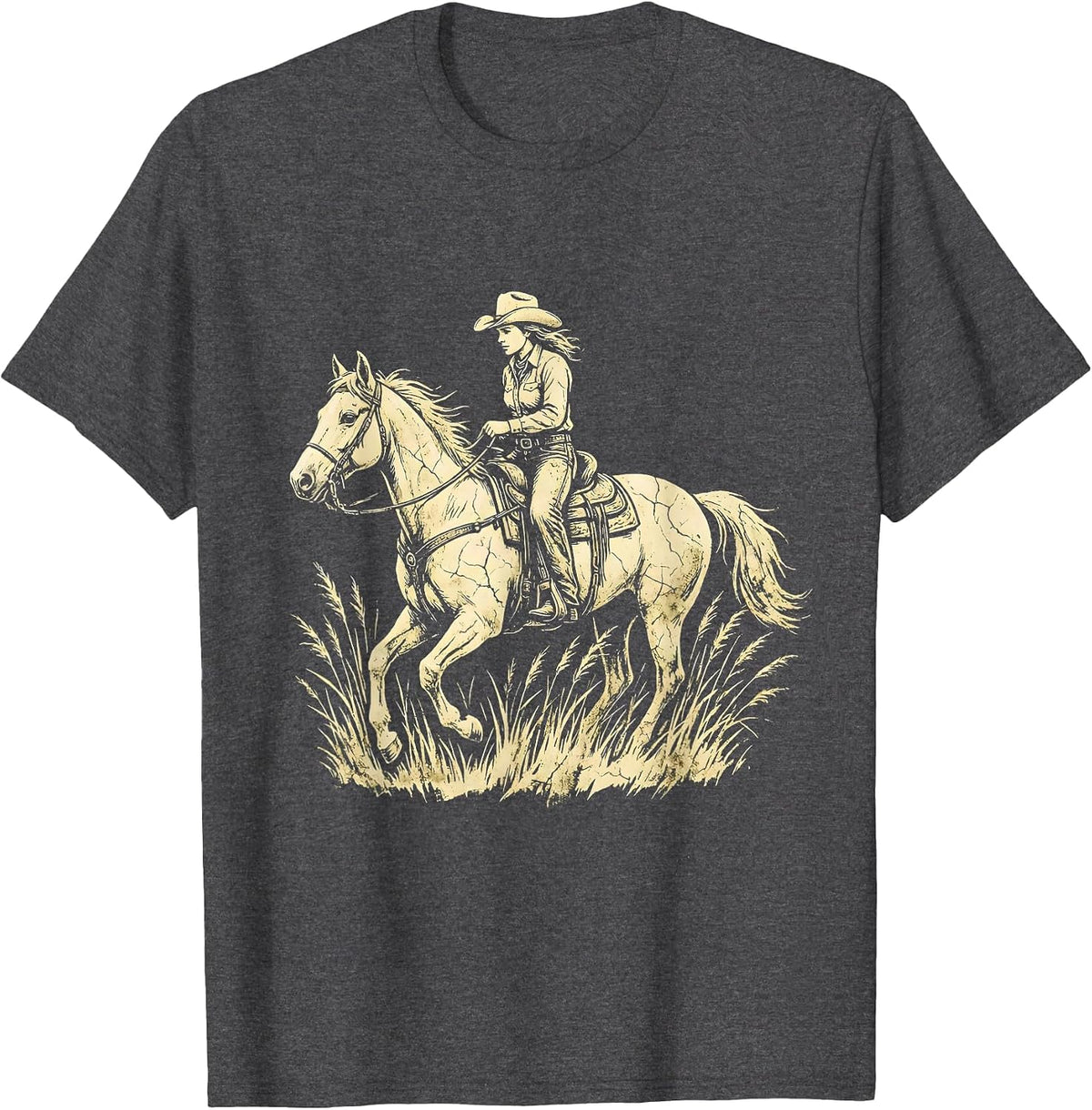 Cowgirl on Horseback Through Golden Grass T-Shirt - Dark Heather Grey