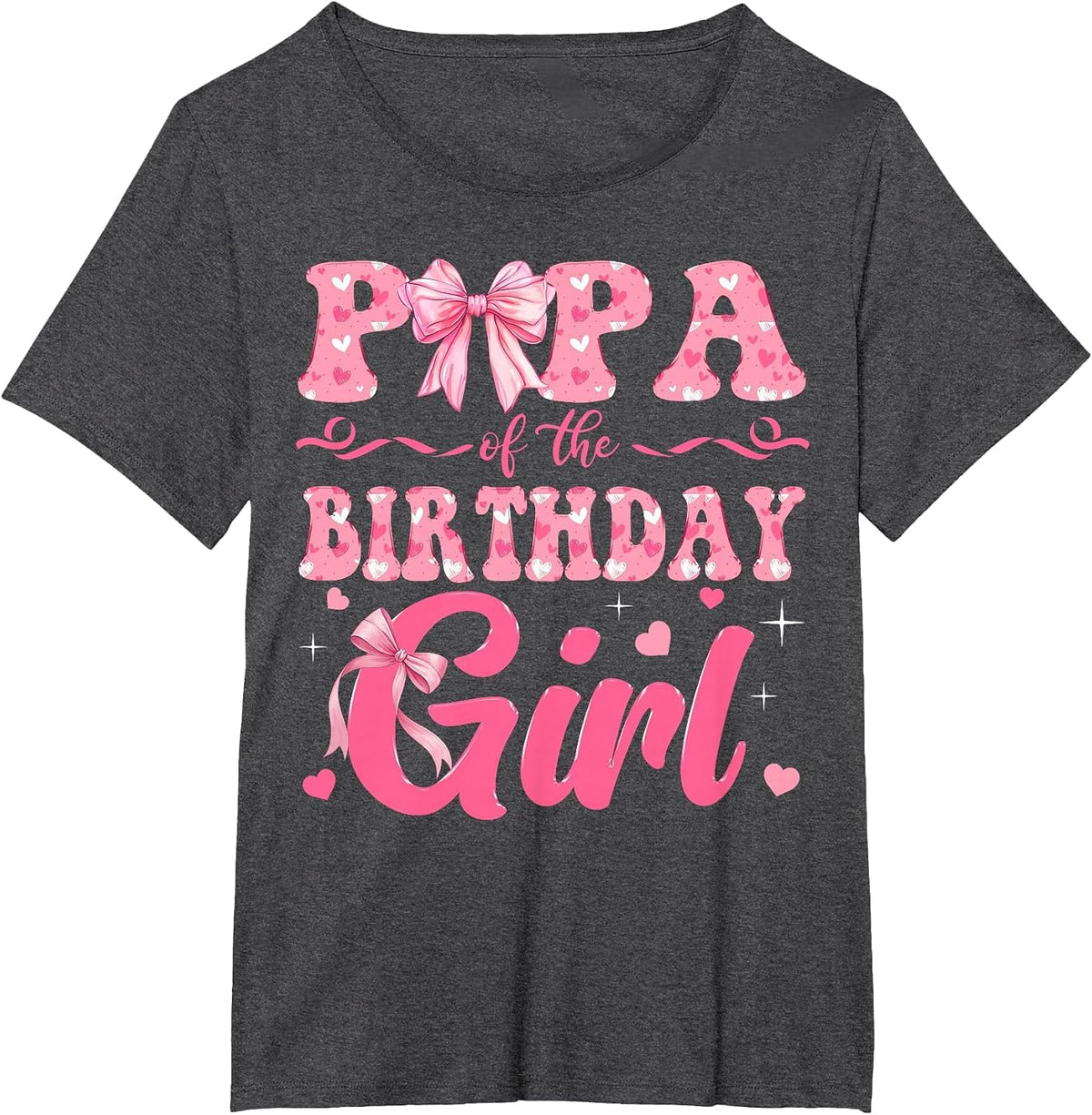 Papa of The Birthday Girl Family Pink Coquette Bow T-Shirt - Dark Heather Grey