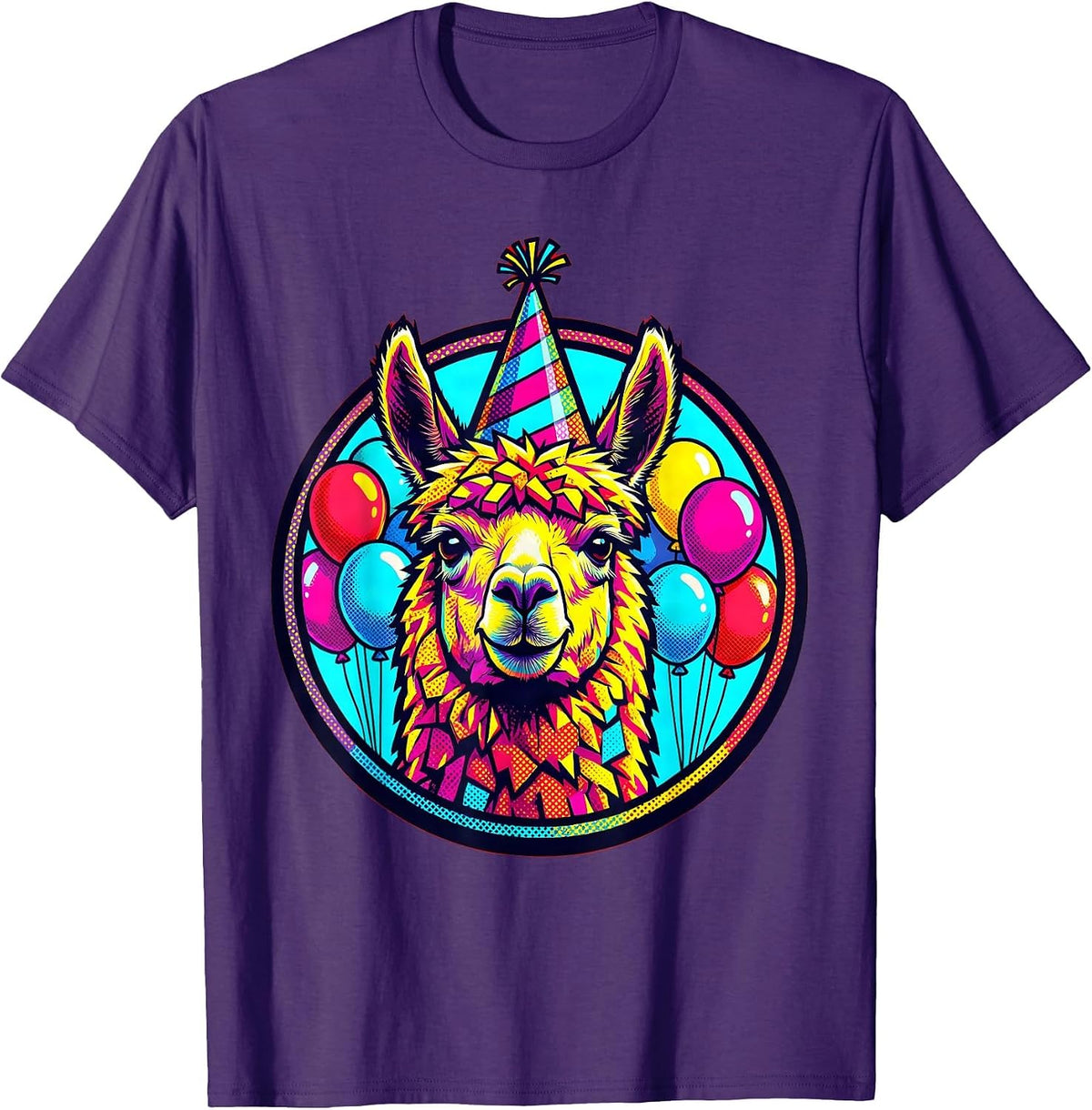 Llama 8th Birthday Party Hat Balloons Illustration T-Shirt - Purple