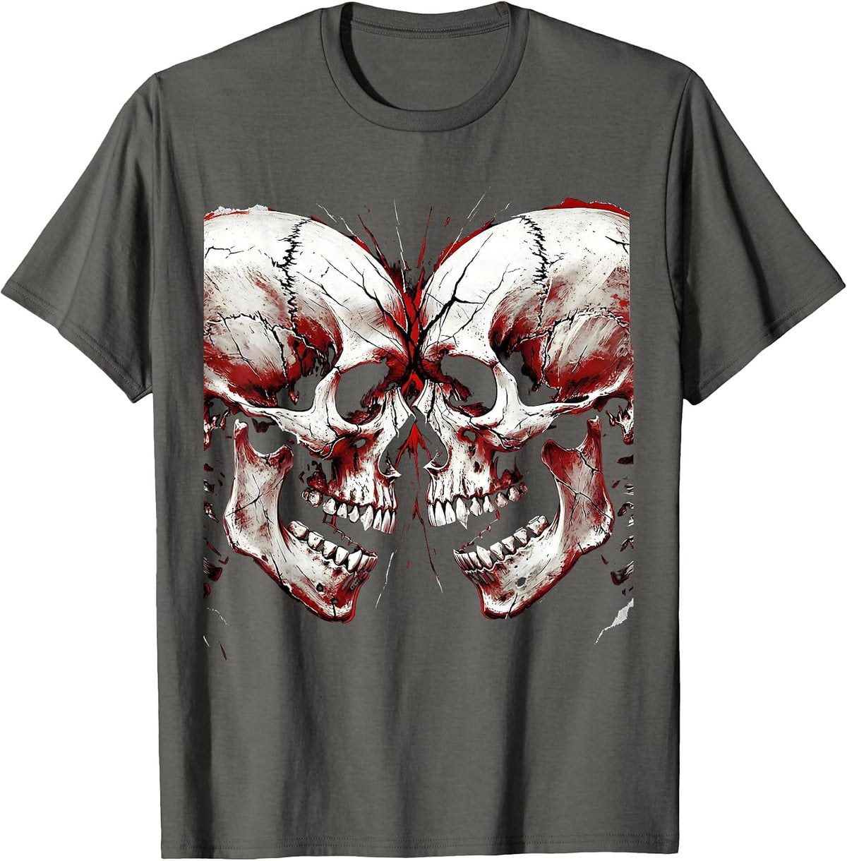 Dual Skulls Facing Foreheads Together Graphic T-Shirt - Asphalt Grey