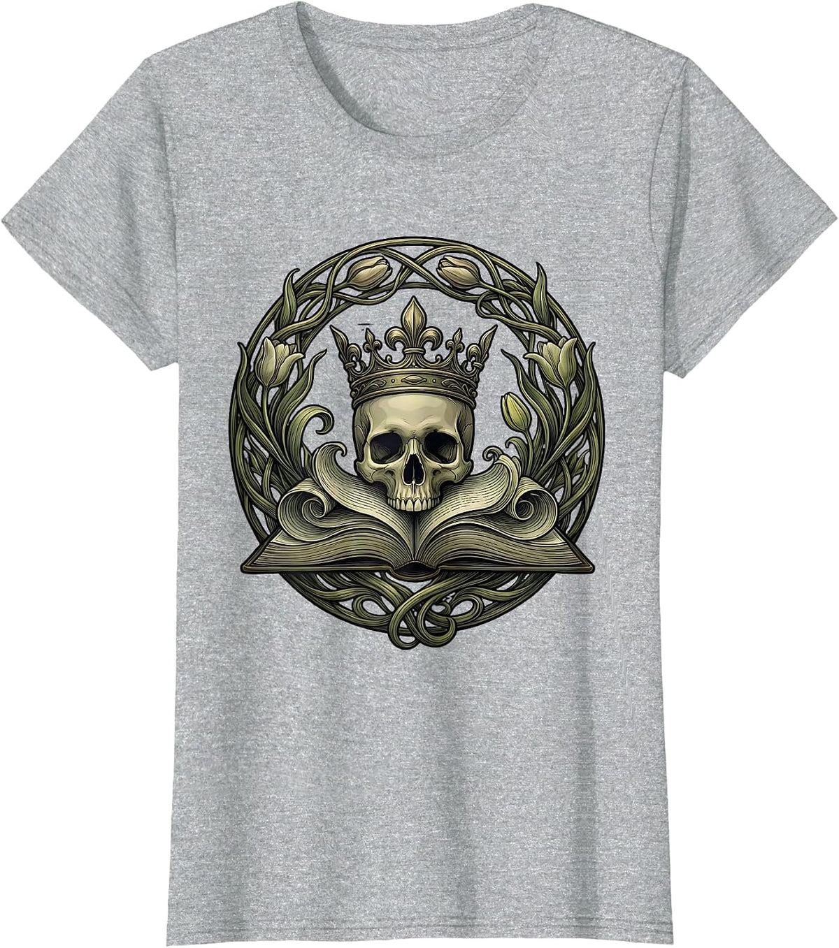 Renaissance Crowned Skull Open Book Graphic T-Shirt - Heather Grey