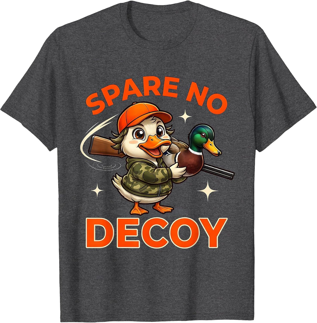 SPARE NO DECOY Funny Duck Hunter Cartoon Hunting Camp T-Shirt - Dark Heather Grey