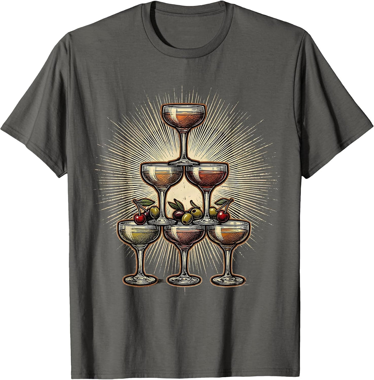 Cocktail Glass Pyramid Bartender Graphic T-Shirt - Asphalt Grey