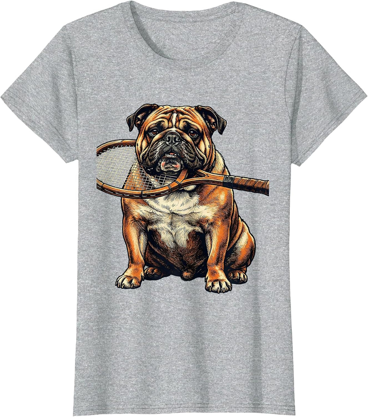 Bulldog Tennis Player with Racket Graphic Tee T-Shirt - Heather Grey