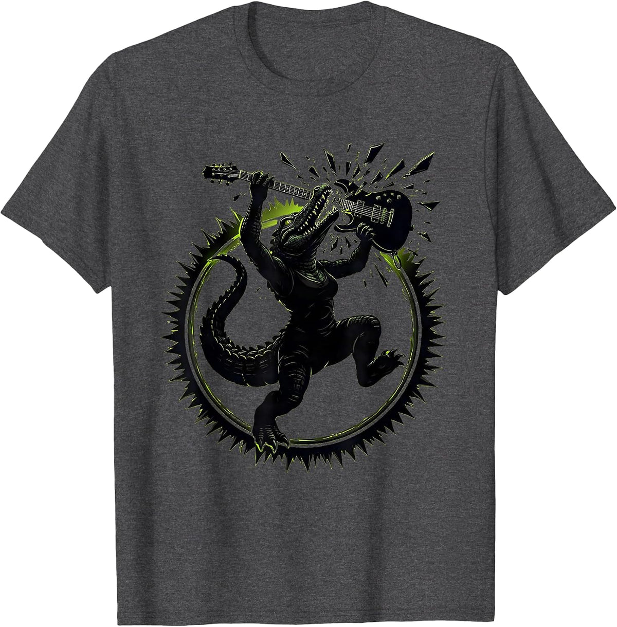 Gator Woman Rockstar Smashing Electric Guitar T-Shirt - Dark Heather Grey