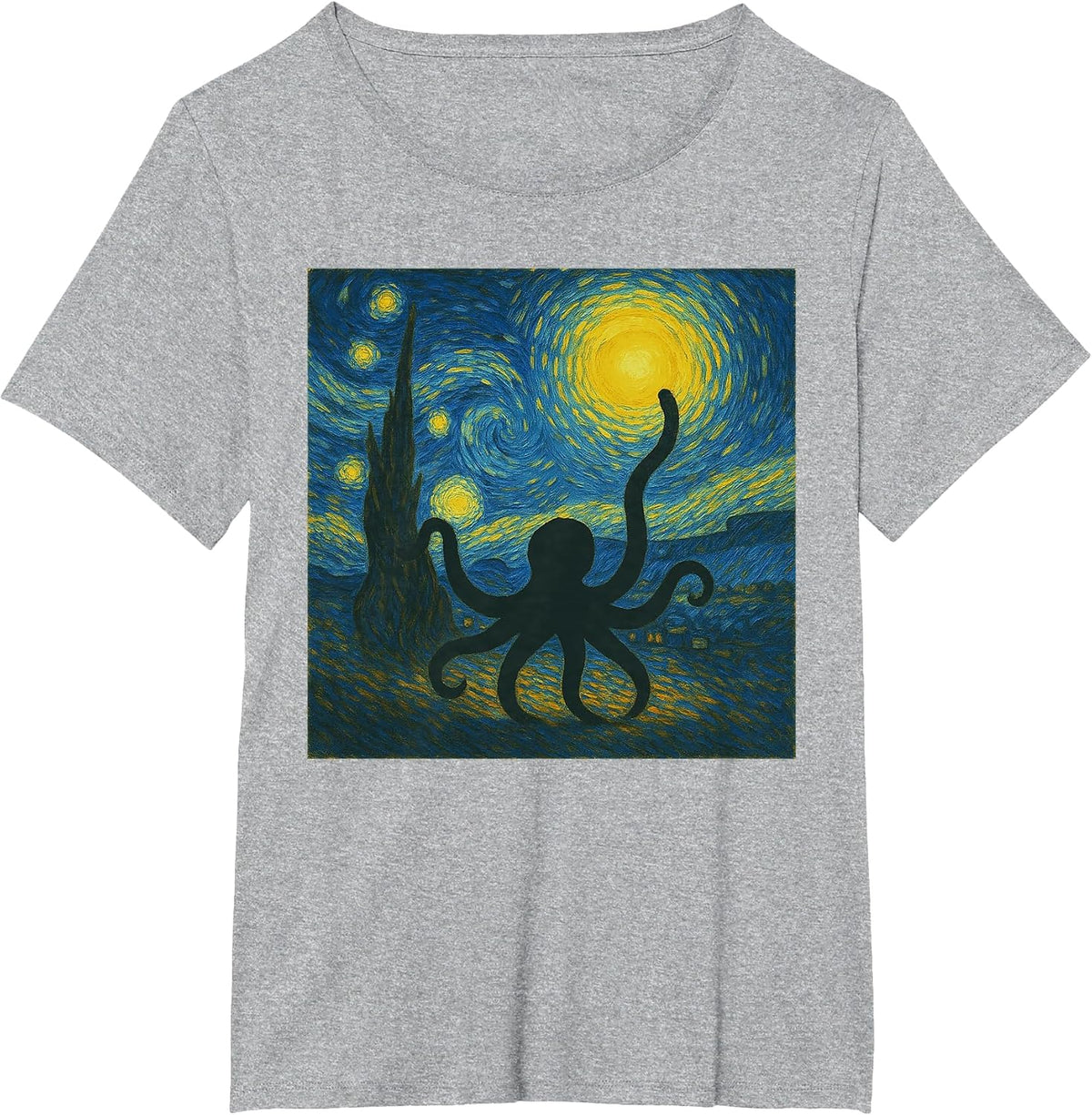 Starry Night Van Gogh Squid Vintage Octopus Funny Graphic T-Shirt - Heather Grey