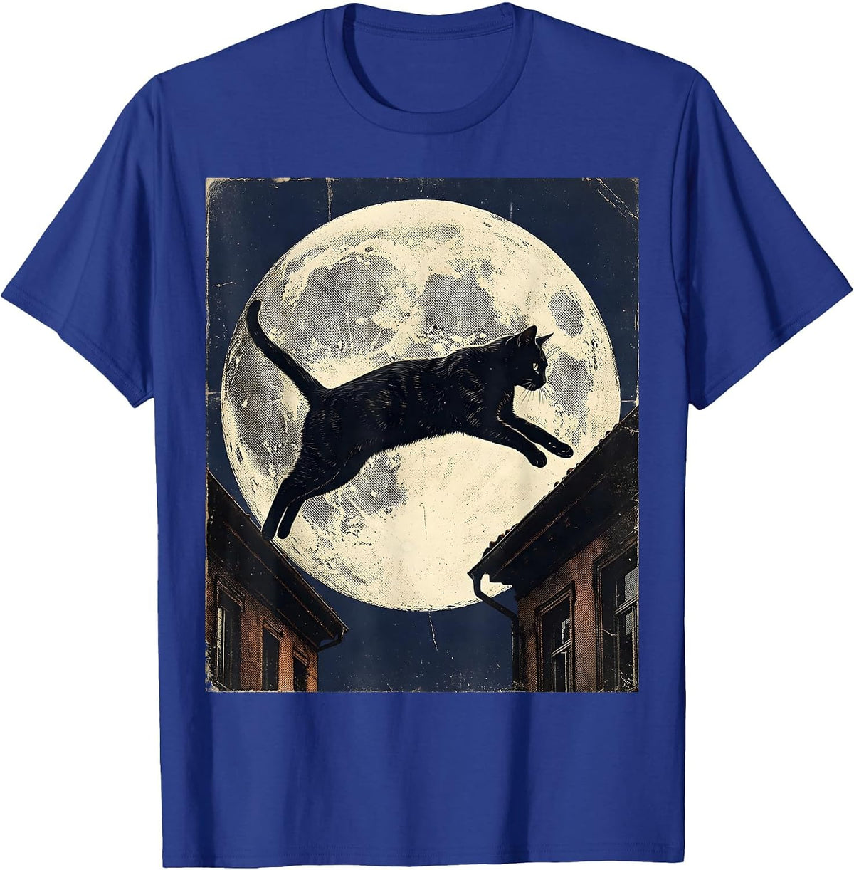 Midnight Rooftop Leap Cat Illustration T-Shirt - Royal Blue