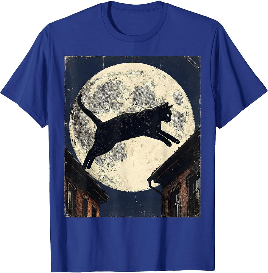 Midnight Rooftop Leap Cat Illustration T-Shirt - Royal Blue