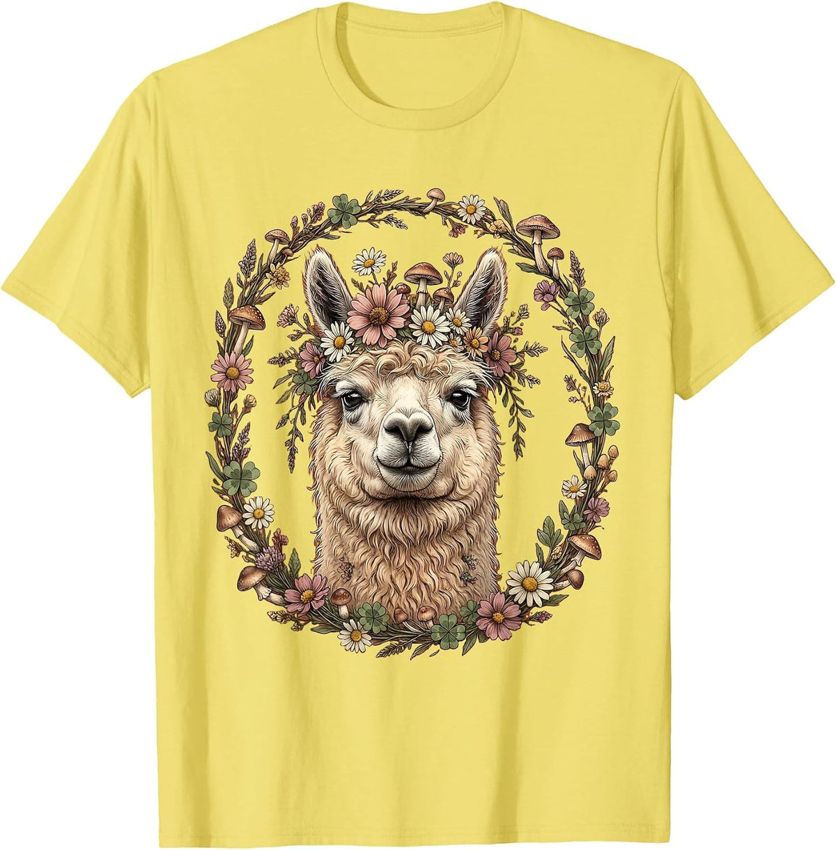 Men's Llama Flower Crown Eye Roll Funny Illustration T-Shirt - Lemon Yellow