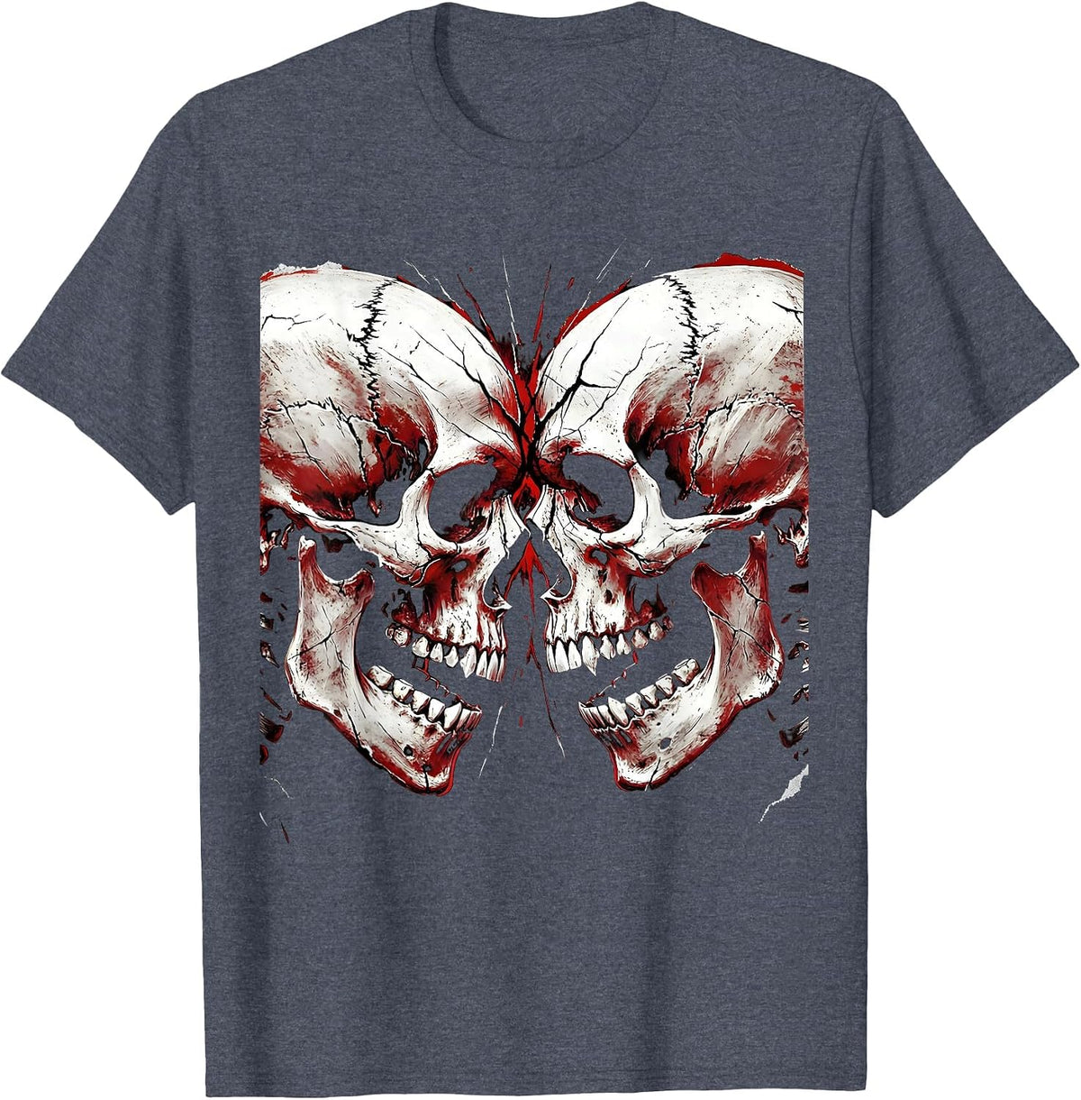 Dual Skulls Facing Foreheads Together Graphic T-Shirt - Heather Blue