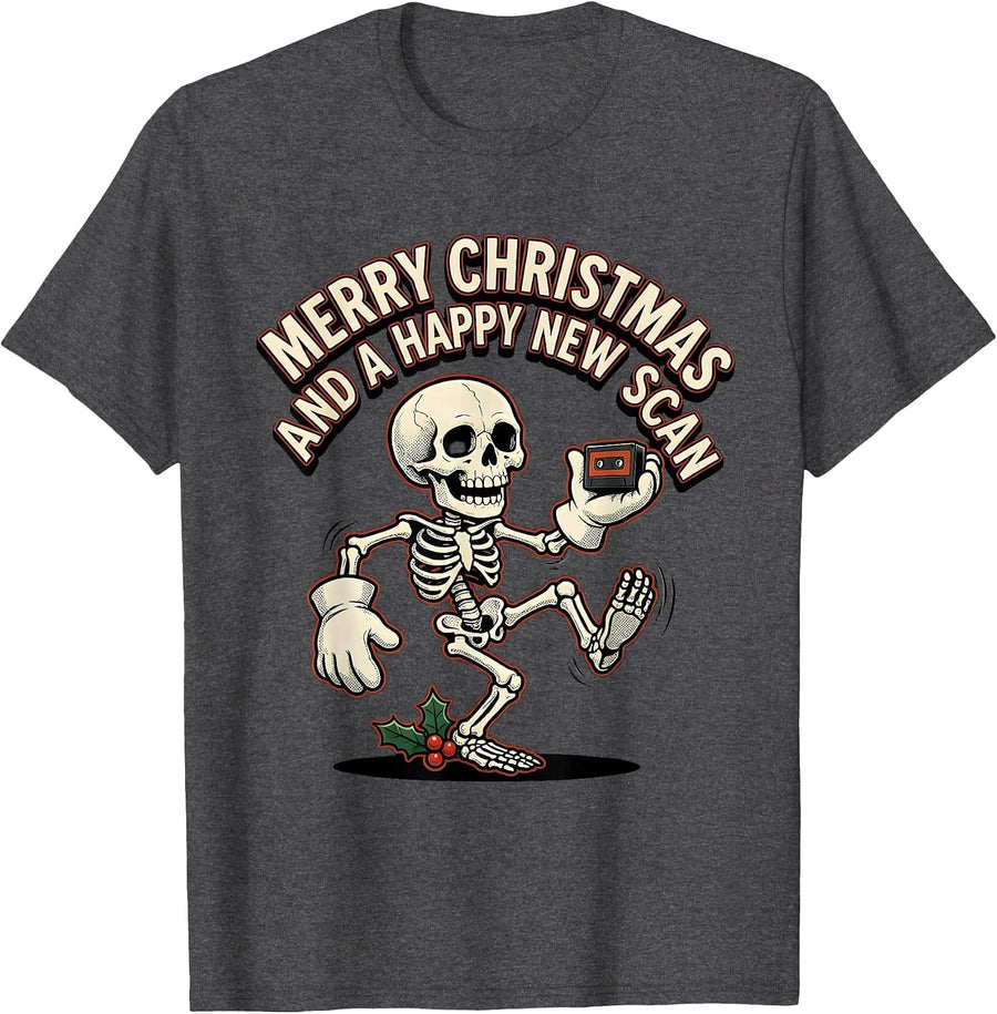 Men's Merry Christmas And A Happy New Scan Retro Cartoon Radiology T-Shirt - Dark Heather Grey