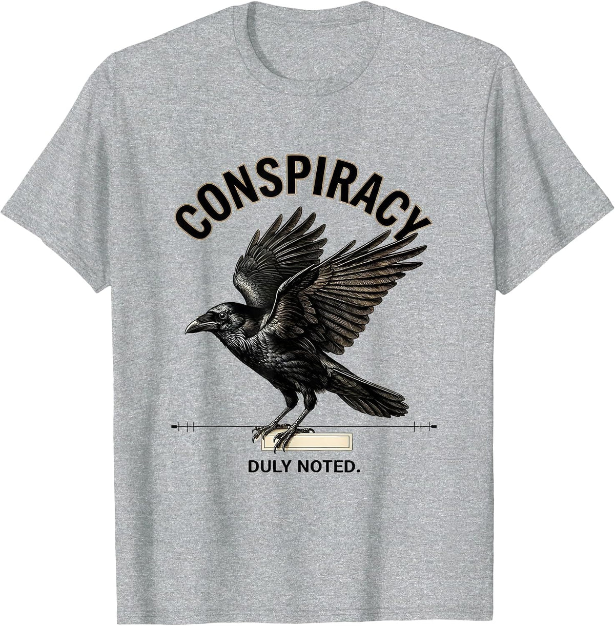 Men's Conspiracy Duly Noted Botanical Crow Dark Humor Bird Lover T-Shirt - Heather Grey
