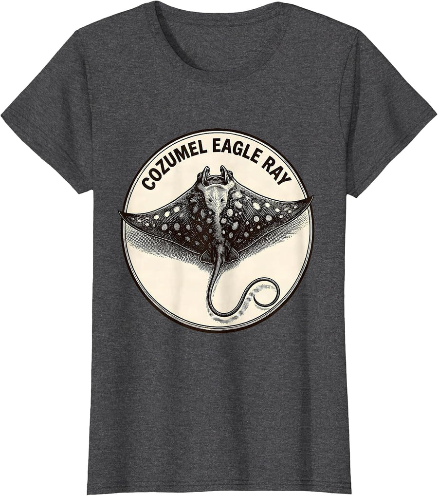 Women's Cozumel Eagle Ray Crosshatch Etching Marine Life Gift T-Shirt - Dark Heather Grey