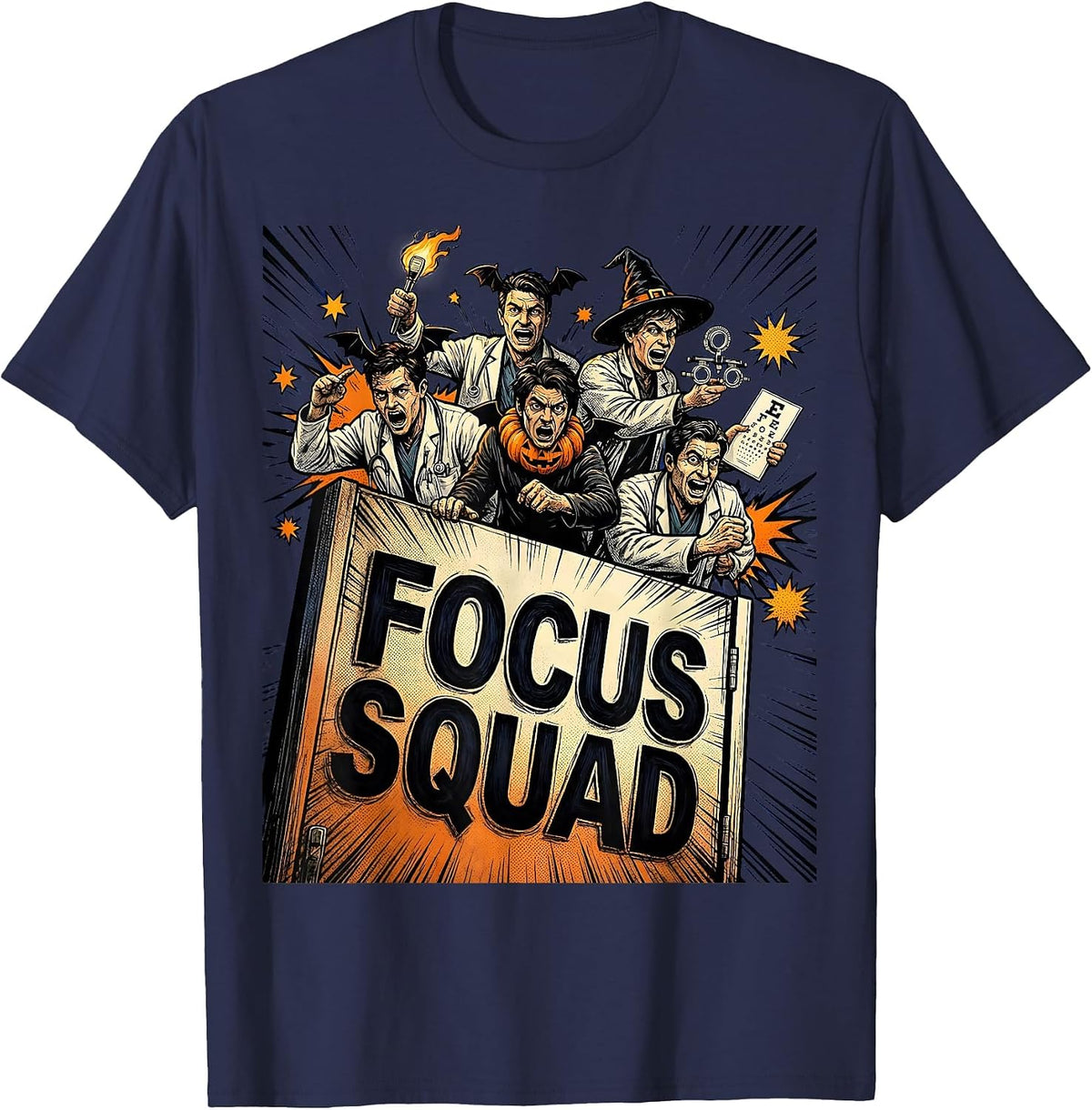 Focus Squad Comic Book Halloween Optometrist Eye Doctor T-Shirt - Navy Blue